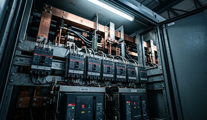 Industrial switchgear panel with ACBs and MCCBs in a manufacturing facility